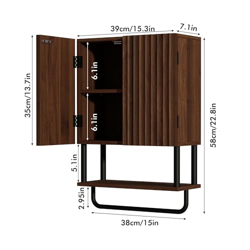 Rustic Wall Mounted Bathroom Cabinet - 2 Doors, 3-Tier Storage, Small Dark Walnut
