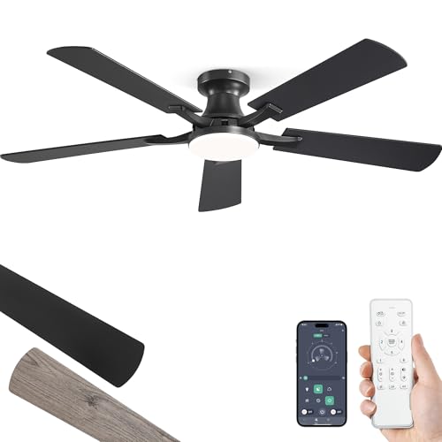 ZMISHIBO 52-Inch Black Ceiling Fan with Lights, Remote & App Control, Flush Mount