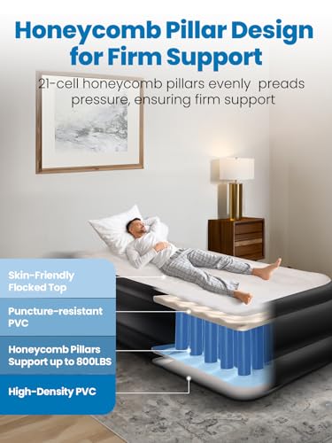 CHERIMOR Twin XL Air Mattress with Built-in Pump, 18 Inch Honeycomb Support, Black