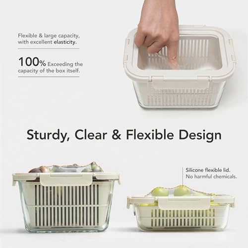 Beige Glass Produce Storage Containers with Removable Colanders and Silicone Lids - 2-Set
