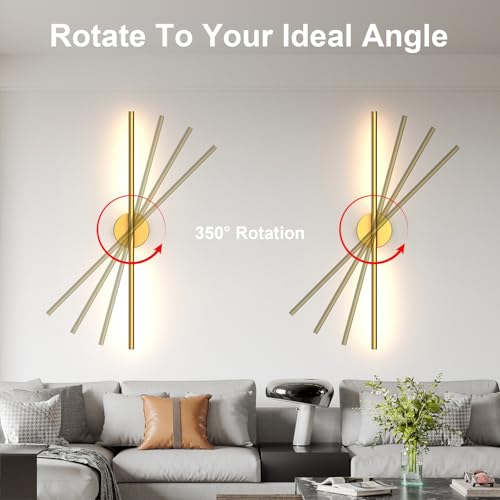 Tartek Gold Round 32 Inch Rechargeable LED Wall Sconce Set of 2, Dimmable & Remote Control
