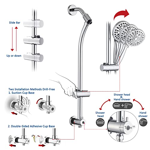 Chrome Rainfall Shower Head with Handheld Spray & Adjustable Slider Bar - High Pressure Dual Shower Combo, 3-Way Diverter, 5Ft Hose