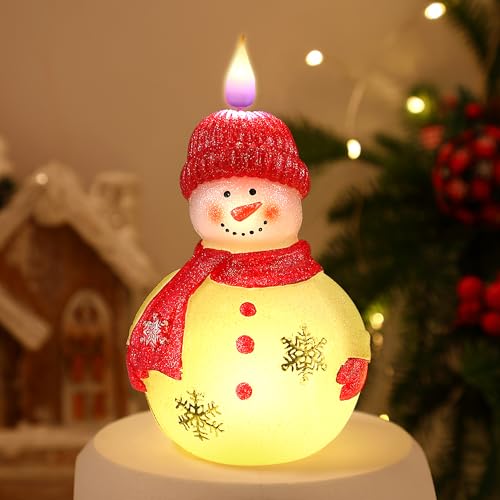 Meonum 1 Pack Snowman Flameless Candle Red – Battery-Operated Scented Wax Snowman with Timer