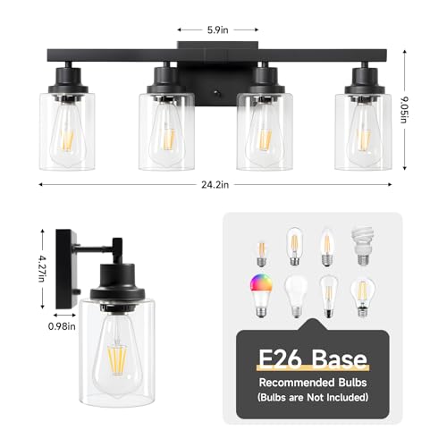 DIKAIDA Black 4-Light Bathroom Vanity Light Modern Matte Black Wall Sconce with Clear Glass Shades