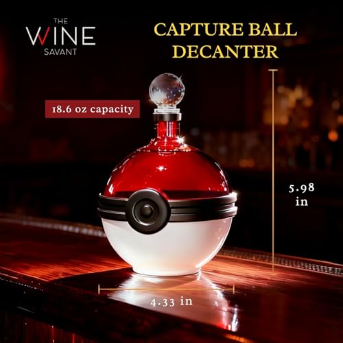 The Wine Savant Capture Sphere Whiskey Decanter - Red & White Glass Liquor Bottle, 18.6oz, Collectible Barware Gift for Gamers & Enthusiasts (Variation: Capture)