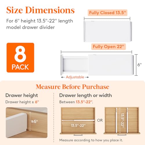 Lifewit Adjustable Drawer Dividers 6" Tall, Expandable & Non-Slip, Fits 13.5-22" Drawers (Set of 8)