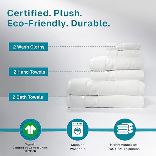 Fabdreams Organic Cotton Bath Towel Set - 6 Pieces, White, 700 GSM, Hotel Luxury