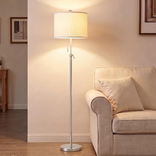 Nickel Floor Lamp with White Shade - Adjustable Tall Reading & Living Room Light - 55-67 Inches
