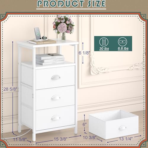 Sthmec White Nightstand with Charging Station, 3 Drawers & LED RGB Light