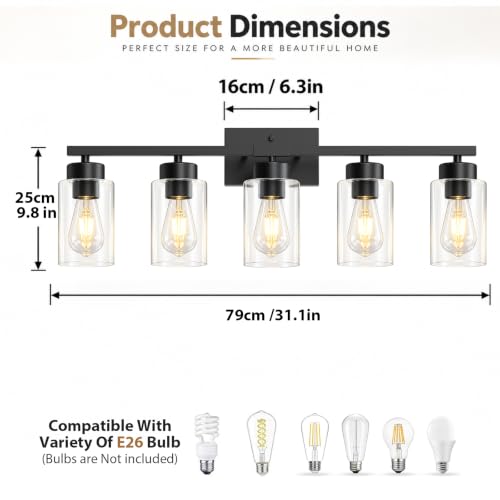 Matte Black 5-Light Bathroom Vanity Light Fixture with Clear Glass Shades