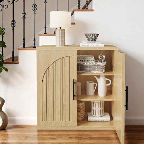 Oak Fluted Buffet Cabinet with Adjustable Shelves - 31.5" Modern Sideboard Credenza