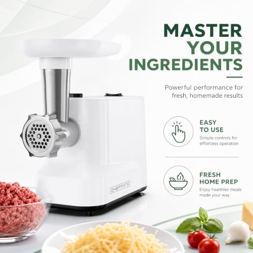 CHEFFANO White 300W Electric Meat Grinder 2500W Max with Sausage & Kubbe Kit