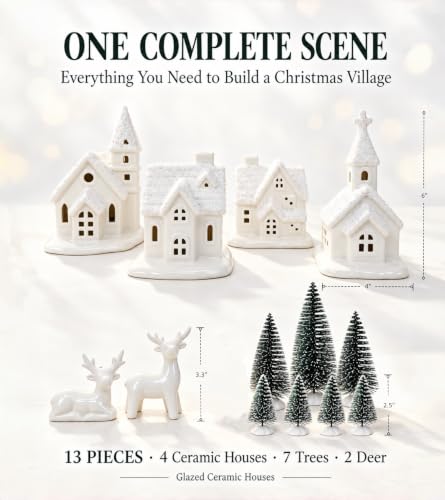 13-Piece Indoor Christmas Village Set with Ceramic Houses & Snowy Trees