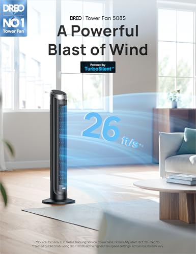 DREO Silver Smart Tower Fan 28dB, 90° Oscillating, 11.42x11.42x40in