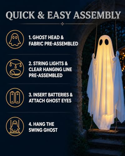 MERKYO 5-13FT Adjustable Hanging Ghost Halloween Decor with Lights for Outdoor Yard & Porch