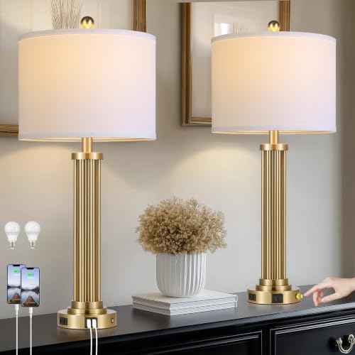 Modern 28-Inch Gold Table Lamps Set of 2 with USB-C, AC, 3-Way Touch