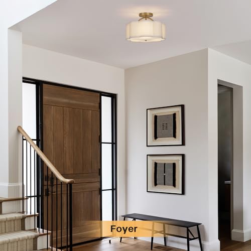 CALOKES Semi Flush Mount Ceiling Light - Scalloped White Fabric Shade & Gold Support, 11.8" Modern 3-Light Fixture for Bedroom, Kitchen, Living Room