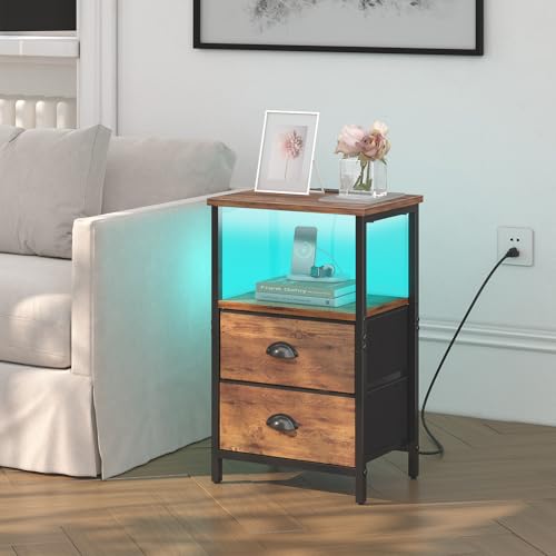 Rustic Brown Nightstand Set of 2 with LED Light & Charging Station - Industrial Bedside Tables with Fabric Drawers, 3-Tier Storage