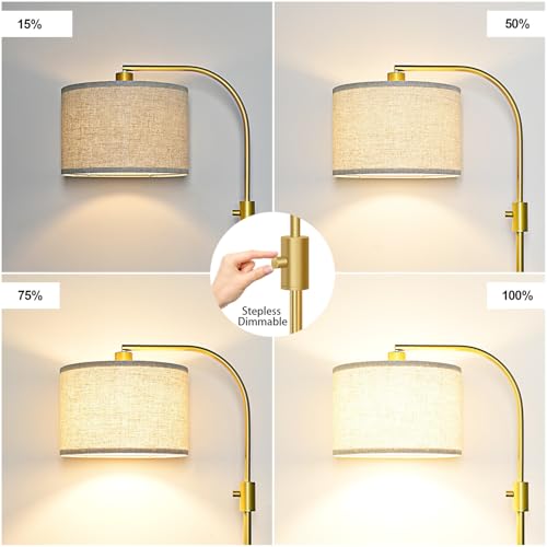 Modern Arc Floor Lamp with Dimmable Linen Shade - Gold, 1200 Lumens, LED Bulb Included