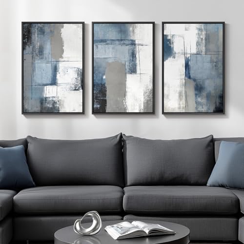 Cuspin 16x24 Inch Set of 3 Blue and Gray Abstract Modern Wall Art - Ash Blue Balance