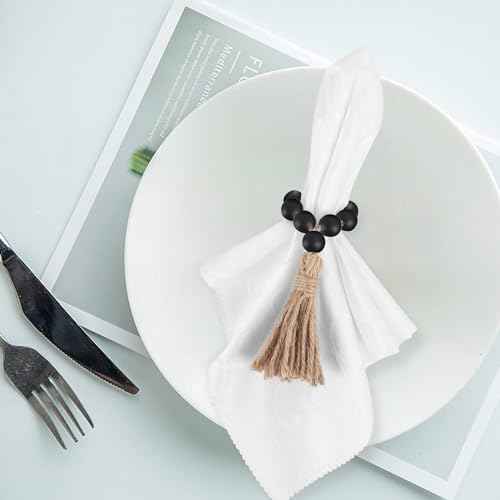 Meplait 6 Pieces Wooden Bead Napkin Rings - Farmhouse Stretchable With Tassel, Boho Style for Dining Table, Wedding Decoration (Black)