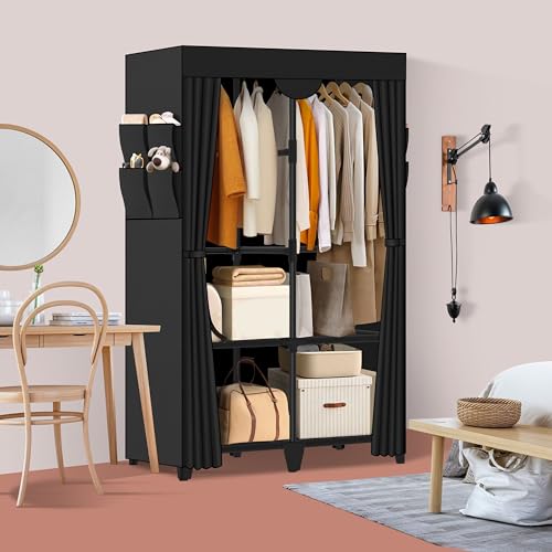 Jofuler Black 34-Inch Portable Wardrobe Closet with Shelves & Cover