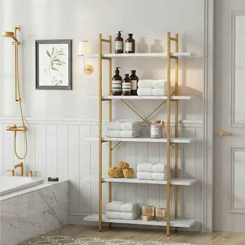 White Faux Marble 5-Tier Ladder Bookcase - Modern Open Shelving Unit for Home & Office