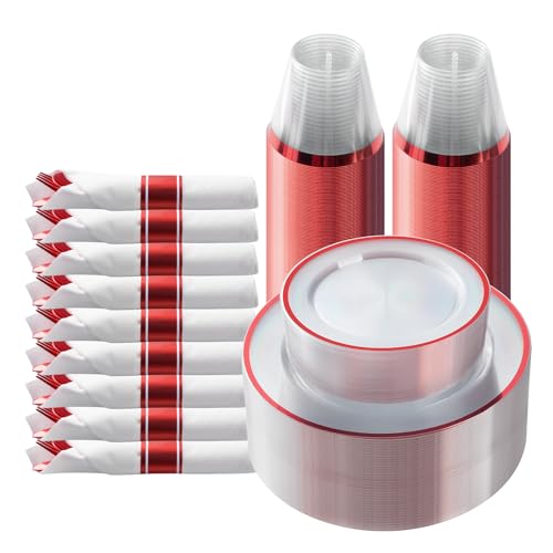 Goodluck 175 Pcs Red Disposable Dinnerware Set for 25 Guests - Clear Plastic Plates & Utensils
