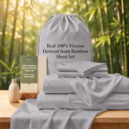 Queen Size Bamboo Viscose Bed Sheets Set with Deep Pockets - Gray, Silky Soft & Breathable