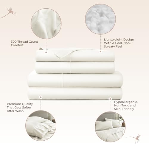 Queen Organic Cotton Bed Sheets Set - Natural, Deep Pocket, 4 Piece