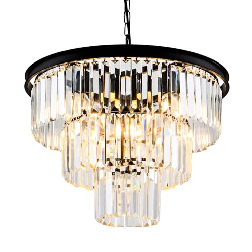 Black 20-Inch Modern Crystal Chandelier - 3-Tier Adjustable Pendant Light Fixture