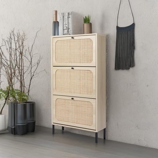 ZeHuoGe Natural Rattan Shoe Storage Rack - Modern 3-Tier Cabinet with 3 Flip Drawers for Heels & Slippers