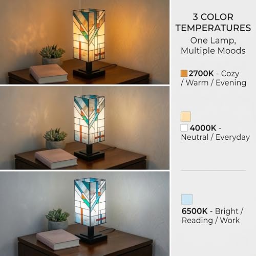 Small Tiffany Style Stained Glass Table Lamp - Handmade Blue-Cream-Turquoise, 15" High
