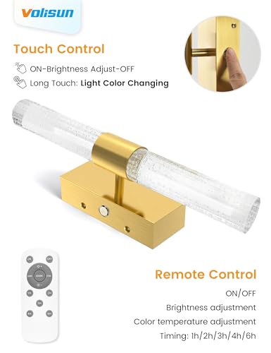 VOLISUN Gold Battery Operated Wall Sconces Set of 2, Wireless Rechargeable Wall Lights with Remote, Dimmable, 3 Color Temps, 15.3 inch