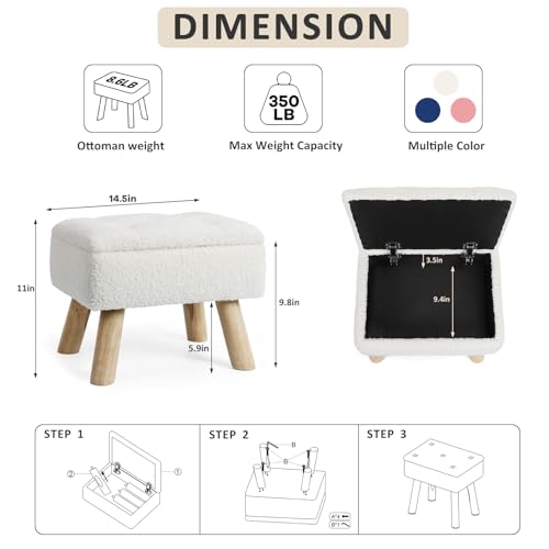 Cream Storage Ottoman Footstool with Padded Teddy Velvet Seat & Wooden Legs