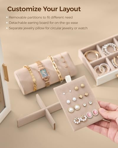Glimmloop 360° Rotating Jewelry Box with 5 Drawers - White, Spacious Vertical Organizer with Glass Windows