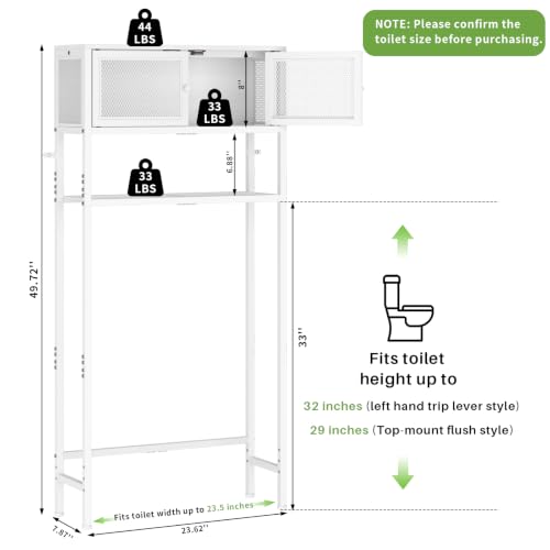 Over Toilet Storage Cabinet with Doors - White Bathroom Organizer Shelf