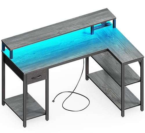 SUPERJARE 47-Inch Reversible L-Shaped Gaming & Office Desk with LED Lights, Power Outlets, Grey - Model 47G