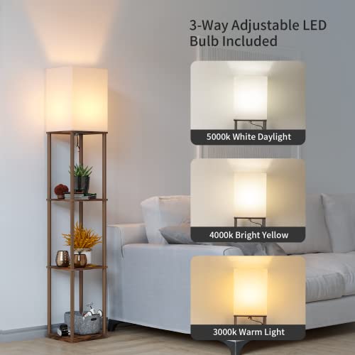 Sunmory Rustic Brown Square 4-Tier Shelf Floor Lamp with Shelves