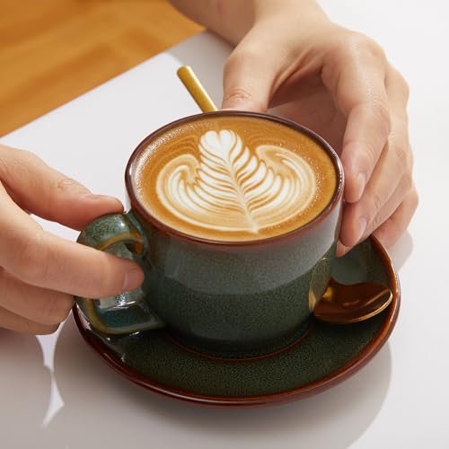 Sage Green Stoneware Coffee Cups with Saucers Set of 4 – Modern Espresso Mug Set
