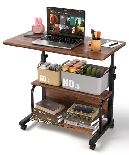 Rustic Adjustable Height Rolling Desk with Storage Shelves - 32-Inch Computer & Drafting Table for Home Office