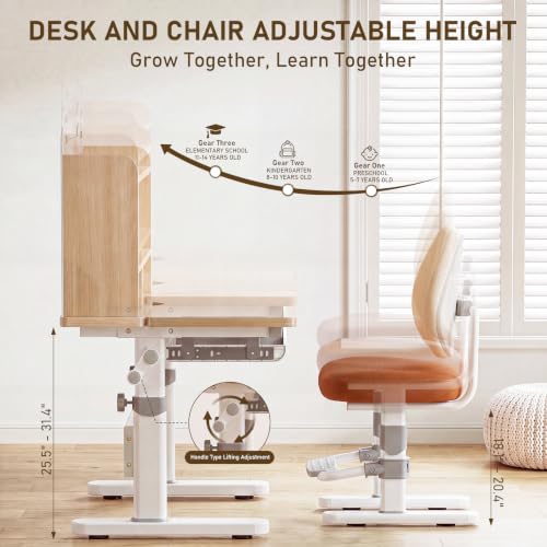 Kids Adjustable Wooden Desk and Chair Set - Ergonomic Study Furniture for Ages 5-14