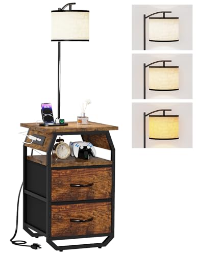 Runjuly Rustic Brown Floor Lamp with Table and Charging Station - 2 Drawers