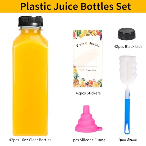 Moretoes 42pcs 16oz Reusable Plastic Juice Bottles with Caps & Accessories - Clear, Leak-Proof, BPA Free