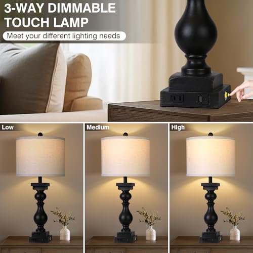 Black Farmhouse Table Lamps Set of 2 with USB A+C & AC Outlets - 28 Inch Touch Rustic Bedside Lamps