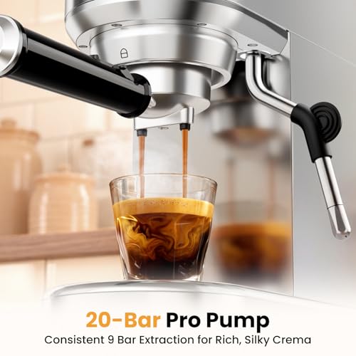 AERCANA Silver 20 Bar Espresso Machine with Milk Frother - Compact Coffee Maker