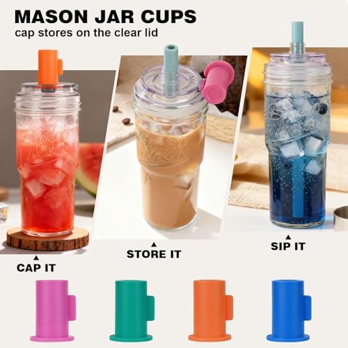 Glass Mason Jar Coffee Cup with Colorful Lids & Silicone Straws - 24oz Leakproof Tumbler Set - Reusable Eco-Friendly Drinkware for Iced Coffee & Matcha - 4 Pack