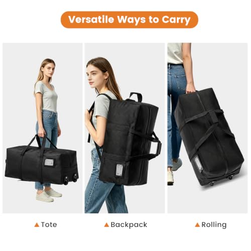 Heavy Duty Travel Duffel Bag with Wheels - 92L Large Black Rolling Bag