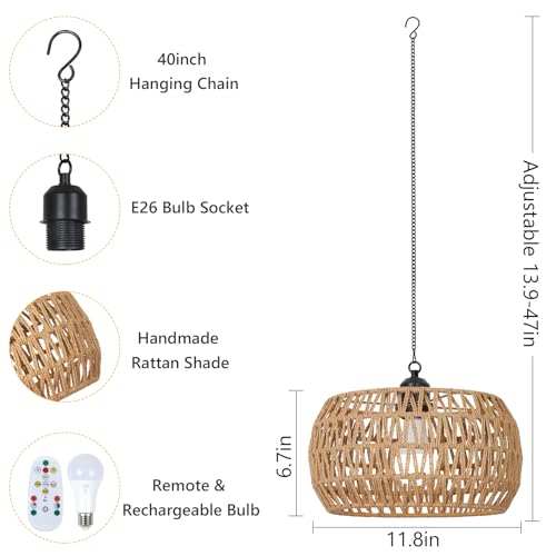 Eayaya Battery Operated Rattan Pendant Chandelier with Remote - 11.8” Outdoor & Indoor Boho Hanging Light, Model 1