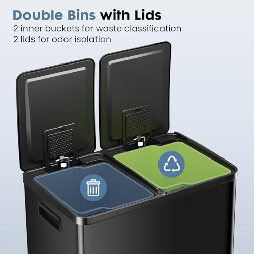 Dual Compartment Stainless Steel Trash Can - 2x30L with Lid, Black - Foot Pedal Bin with Removable Buckets